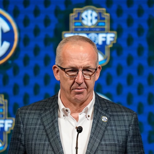 FILE - Greg Sankey, commissioner of the Southeastern Conference, speaks during NCAA college basketball women's SEC Media Day, Oct. 16, 2024, in Birmingham, Ala. (AP Photo/Mike Stewart, File)