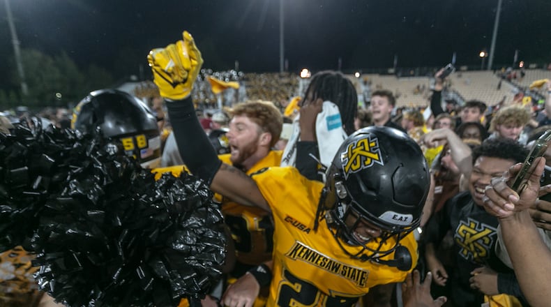 Kennesaw State football celebrates its upset victory over Liberty. (Photo courtesy of KSU Athletics)