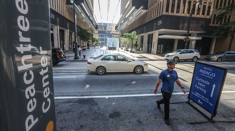 The faded crosswalk at Peachtree Center as seen on June 12, 2024. John Spink/AJC 2024