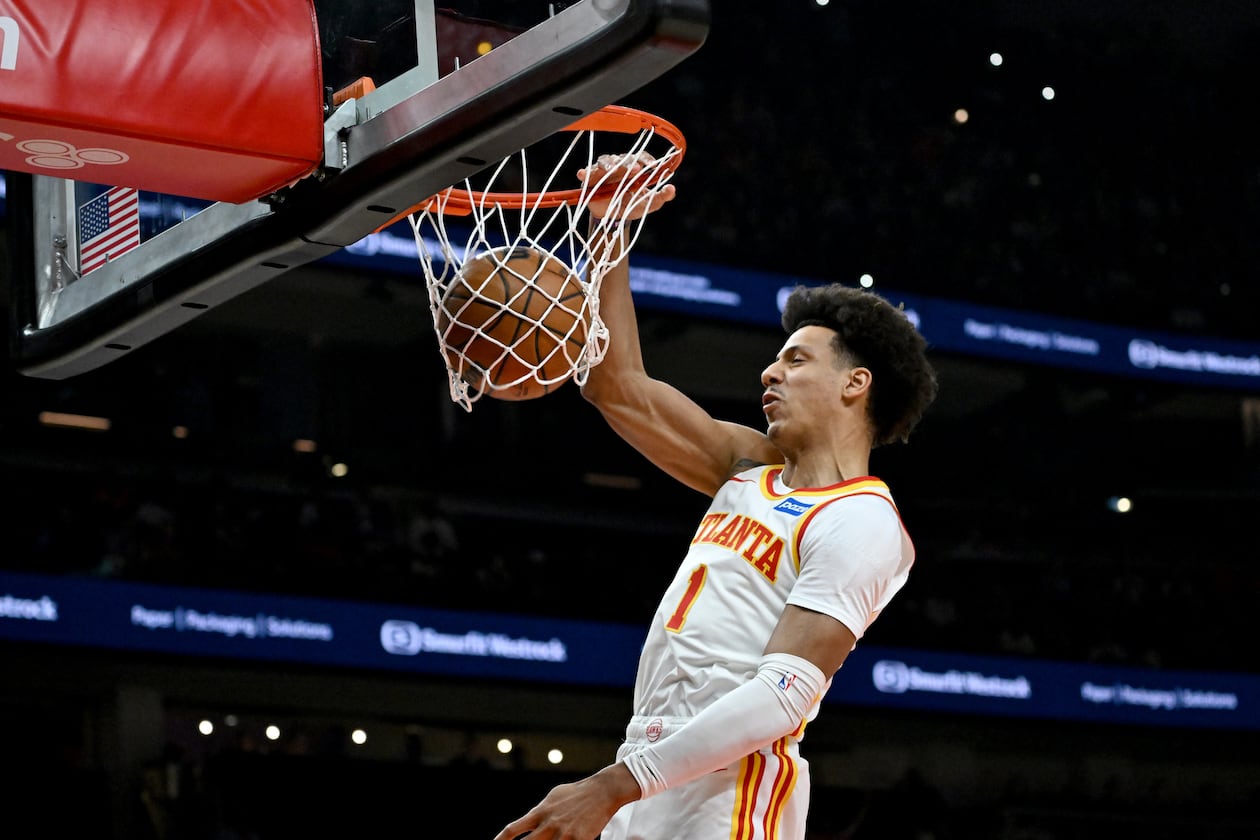 Hawks forward Jalen Johnson — pictured dunking during Game 6 against the Knicks last month — notched career-high averages in points (22.5), rebounds (10.3) and assists (7.9) this season. (Hyosub Shin/AJC)