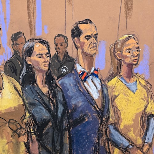 In this courtroom sketch, from left, former Venezuela President Nicholas Maduro, attorneys Anna Estevao and Mark Donnelly, and Maduro's wife, Cilia Flores, stand during a pretrial hearing in a drug trafficking case for Maduro and Flores, Wednesday, July 22, 2026, at Manhattan federal court in New York. (Jane Rosenberg via AP)