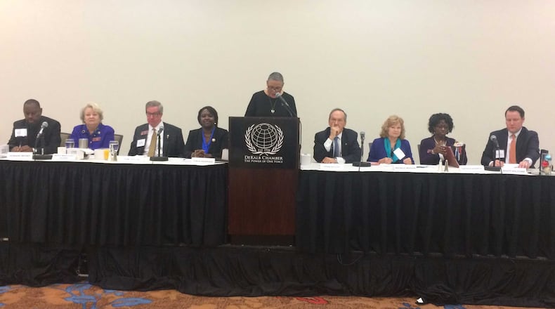 State lawmakers representing DeKalb County discussed their priorities for next year’s legislative session during a DeKalb Chamber of Commerce breakfast Thursday. From left: Rep. Howard Mosby, Rep. Mary Margaret Oliver, Rep. Tom Taylor, Sen.-elect Tonya Anderson, moderator Alexis Scott, Sen. Fran Millar, Rep. Michele Henson, Rep. Dar’shun Kendrick and Rep. Scott Holcomb. MARK NIESSE / MARK.NIESSE@AJC.COM