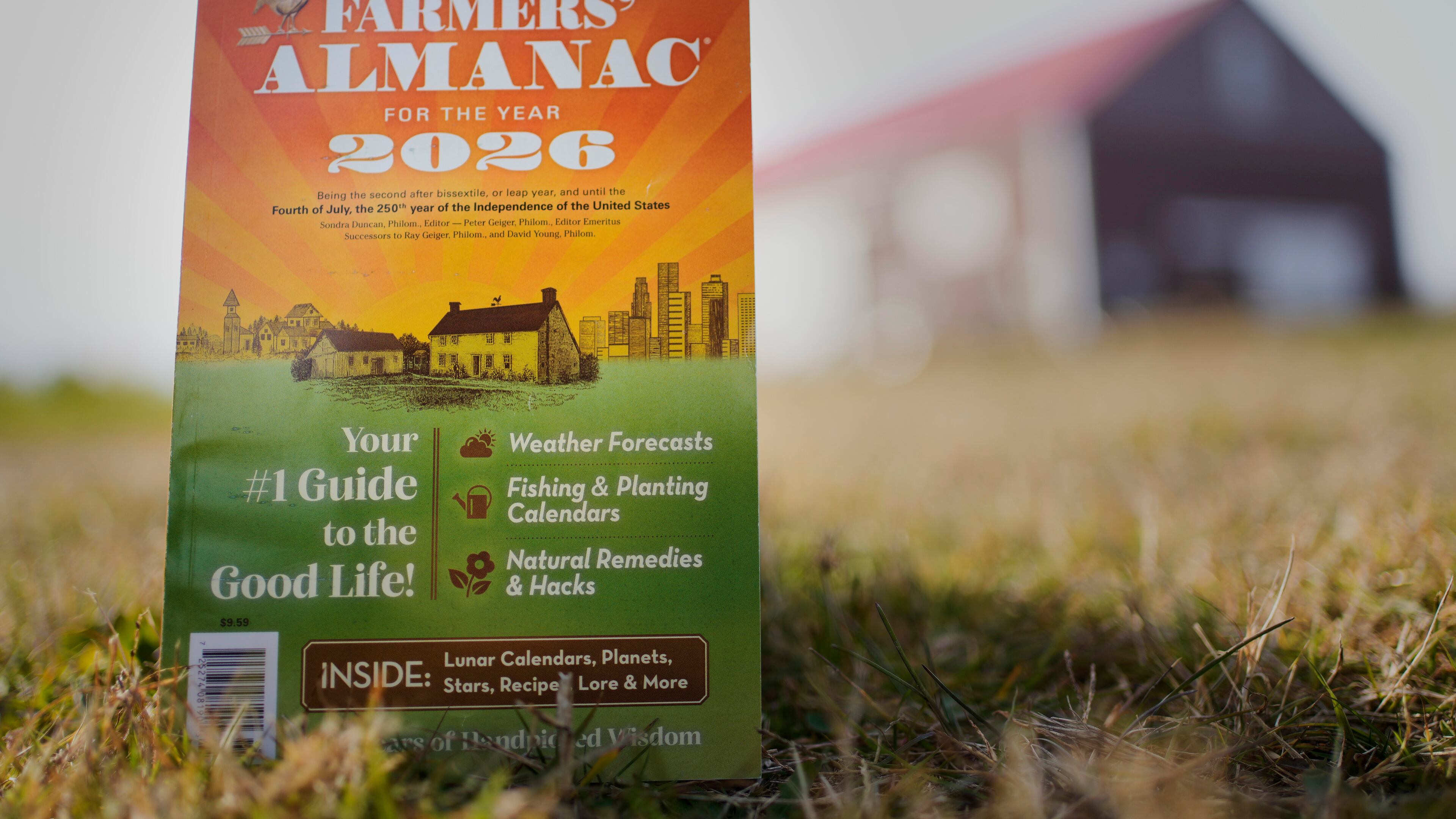 A copy of the final edition of the Farmers' Almanac is seen, Friday, Nov. 7, 2025, in Alexander, Maine. (AP Photo/Robert F. Bukaty)