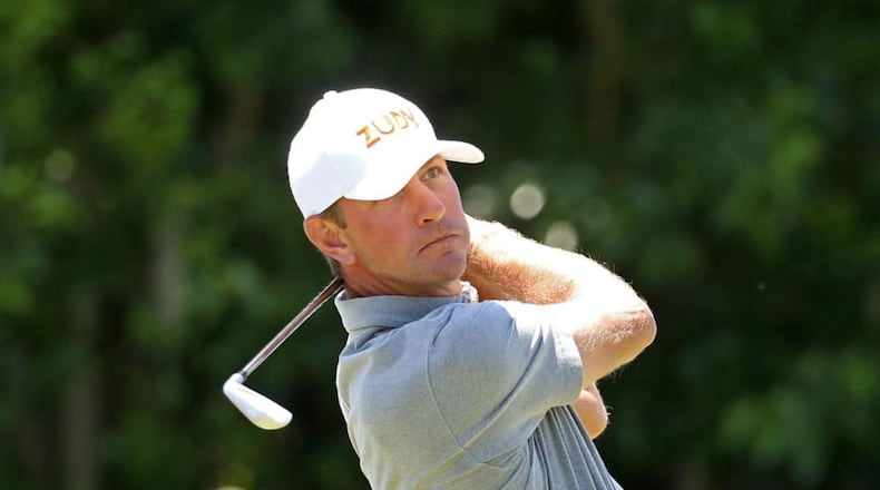 Lucas Glover plays his shot from the eighth tee during the first round of the Zurich Classic at TPC Louisiana on April 26, 2018 in Avondale, Louisiana. His wife was arrested over the weekend on domestic violence charges related to a fight with his mother.