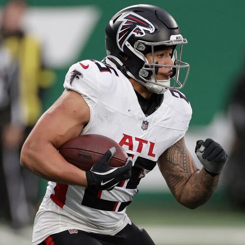 FILE - Atlanta Falcons running back Tyler Allgeier runs against the New York Jets during the second half of an NFL football game, Nov. 30, 2025, in East Rutherford, N.J. (AP Photo/Adam Hunger, file)
