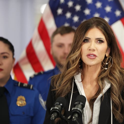 U.S. Homeland Security Secretary Kristi Noem speaks at a news conference at Harry Reid International Airport, Saturday, Nov. 22, 2025, in Las Vegas. (AP Photo/Ronda Churchill)