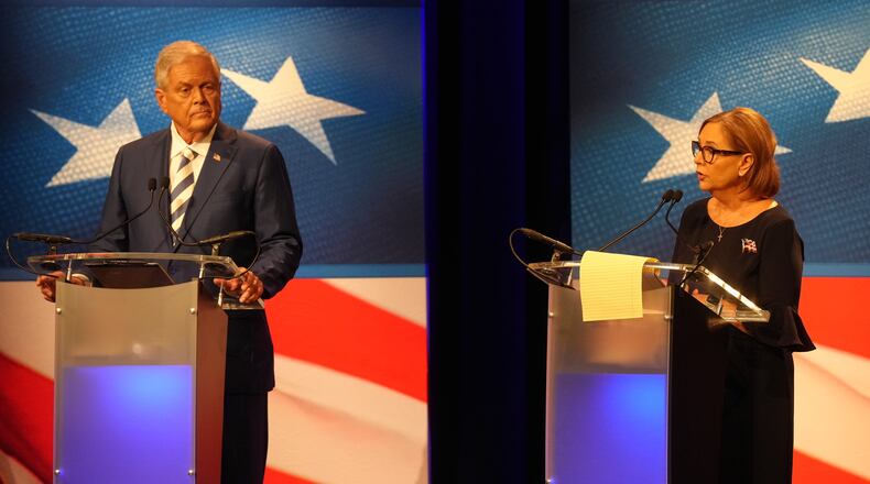 U.S. Rep. Ralph Norman, R-S.C., left, looks on as Sen. Darline Graham, R-S.C., speaks during a debate ahead of the special GOP Senate runoff election to replace the late Sen. Lindsey Graham, R-S.C., in Newberry, S.C., Tuesday, Aug. 18, 2026. (AP Photo/Meg Kinnard)