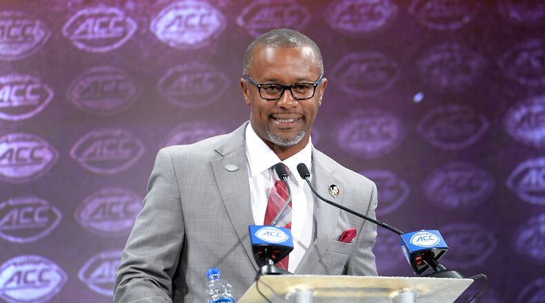 Florida State head coach Willie Taggart addresses the media during the 2018 ACC Football Kickoff in Charlotte, N.C. on July 19, 2018. (Photo by Sara D. Davis, theACC.com)