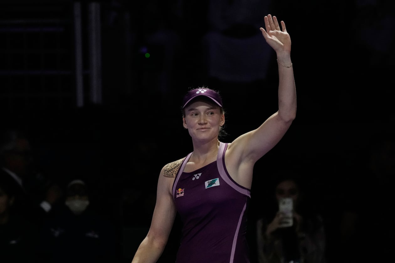 Elena Rybakina of Kazakhstan celebrates after defeating Aryna Sabalenka of Belarus in the women's final singles match of the WTA finals in Riyadh, Saudi Arabia, Saturday, Nov. 8, 2025. (AP Photo/ Fatima Shbair)