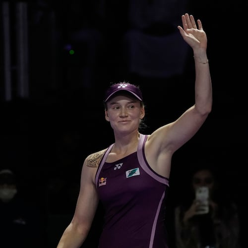 Elena Rybakina of Kazakhstan celebrates after defeating Aryna Sabalenka of Belarus in the women's final singles match of the WTA finals in Riyadh, Saudi Arabia, Saturday, Nov. 8, 2025. (AP Photo/ Fatima Shbair)