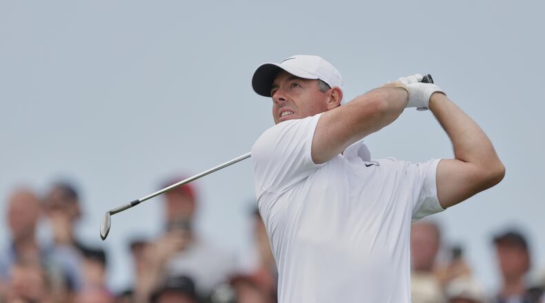 Rory McIlroy of Northern Ireland plays his tee shot on the 7th hole during the third day of the British Open Golf championships at Royal Birkdale golf club, in Southport, England, Saturday, July 18, 2026. (AP Photo/Peter Morrison)