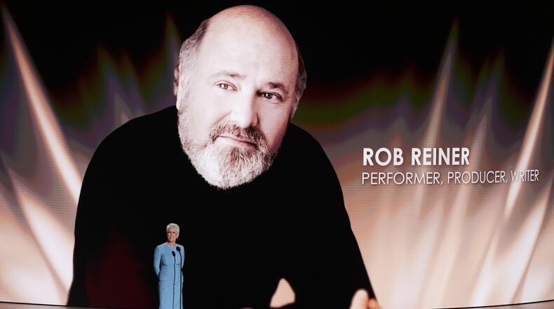 Jamie Lee Curtis pays tribute to Rob Reiner during the 78th Emmy Awards on Monday, Sept. 14, 2026, at the Peacock Theater in Los Angeles. (AP Photo/Chris Pizzello)