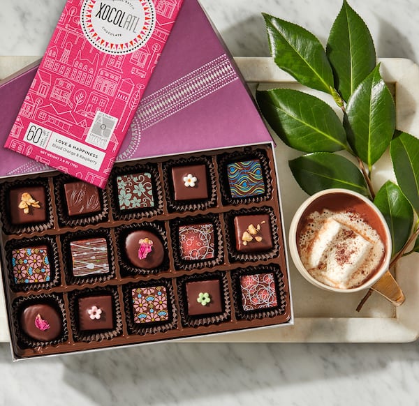 A peek inside Xocolatl's monthly subscription box, filled with handcrafted bonbons and bean-to-bar chocolates made in Atlanta. (Courtesy of Xocolatl)