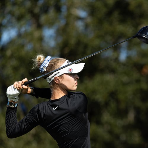 Nelly Korda tees off on from the second hole during the final round of The Annika LPGA golf tournament in Belleair, Fla., Sunday, Nov. 16, 2025. (AP Photo/Willie J. Allen Jr.)
