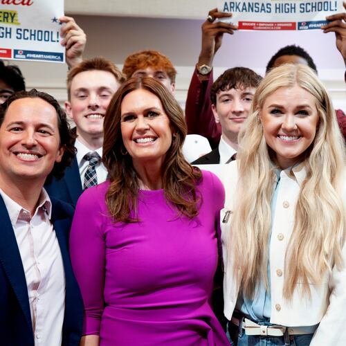 FILE - Gov. Sarah Huckabee Sanders, center left, and Turning Point CEO Erika Kirk, center right, pose for a photo at the Governor's Mansion, in Little Rock, Ark., Wednesday, March 11, 2026. (AP Photo/Katie Adkins,File)