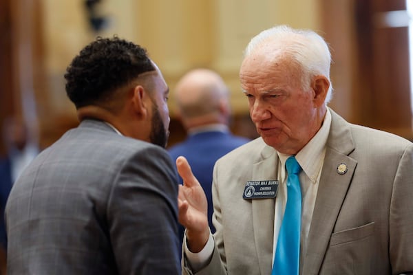 State Sen. Max Burns (right), R-Sylvania, talks with state Sen. RaShaun Kemp, D-Atlanta, during the final day of a special legislative session at the Georgia Capitol on Tuesday, June 23, 2026. (Miguel Martinez/AJC)