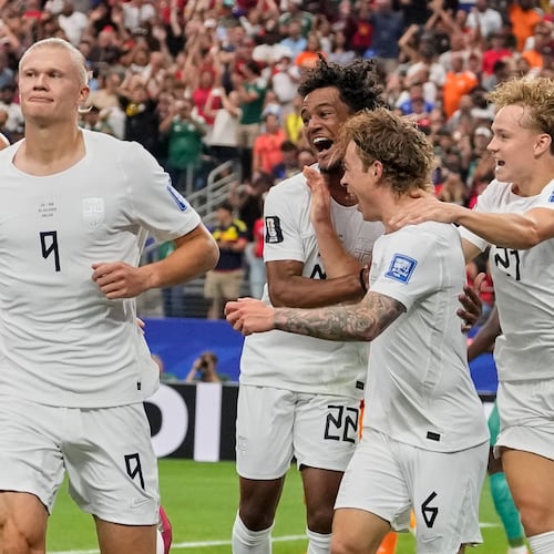 Norway's Erling Haaland (9) celebrates after scoring his side's second goal during the World Cup round of 32 soccer match between Ivory Coast and Norway in Arlington, Texas, near Dallas, Tuesday, June 30, 2026.(AP Photo/Tony Gutierrez)