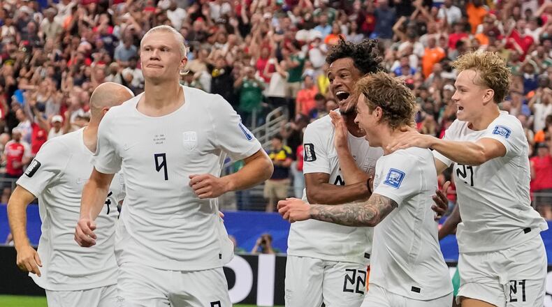 Norway's Erling Haaland (9) celebrates after scoring his side's second goal during the World Cup round of 32 soccer match between Ivory Coast and Norway in Arlington, Texas, near Dallas, Tuesday, June 30, 2026.(AP Photo/Tony Gutierrez)