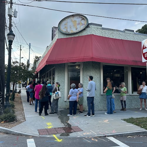 A long line forms outside Eats on its final day of business Saturday, Oct. 18, 2025, on Ponce de Leon Avenue in Atlanta. Bob Hatcher announced Oct. 3 that the restaurant would close after 32 years. (Amy Wenk/AJC)