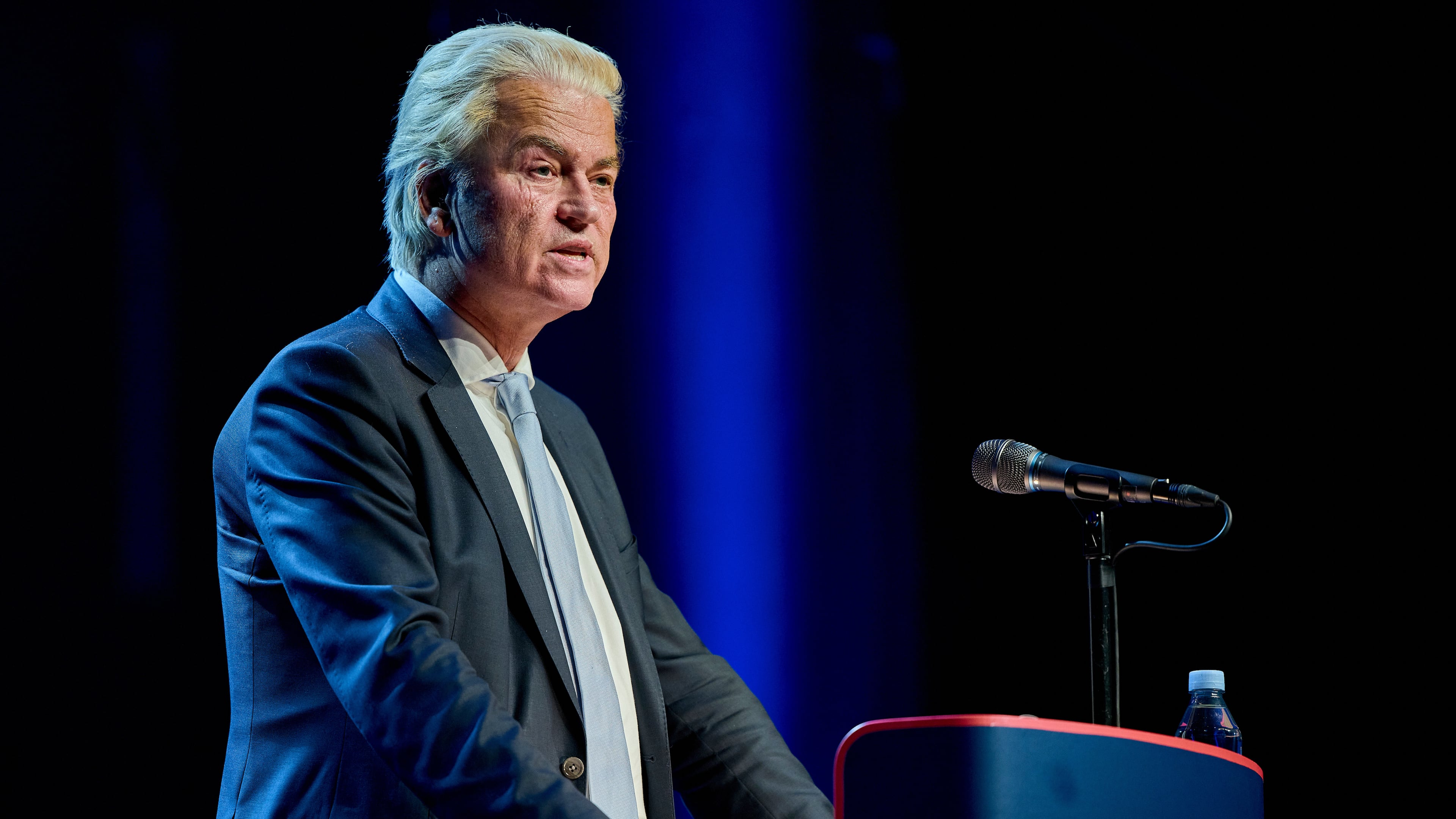 Dutch politician Geert Wilders speaks at the Danish People's Party annual meeting, in Tinghallen, Viborg, Denmark, Saturday, Sept. 27, 2025. (Mikkel Berg Pedersen/Ritzau Scanpix via AP)