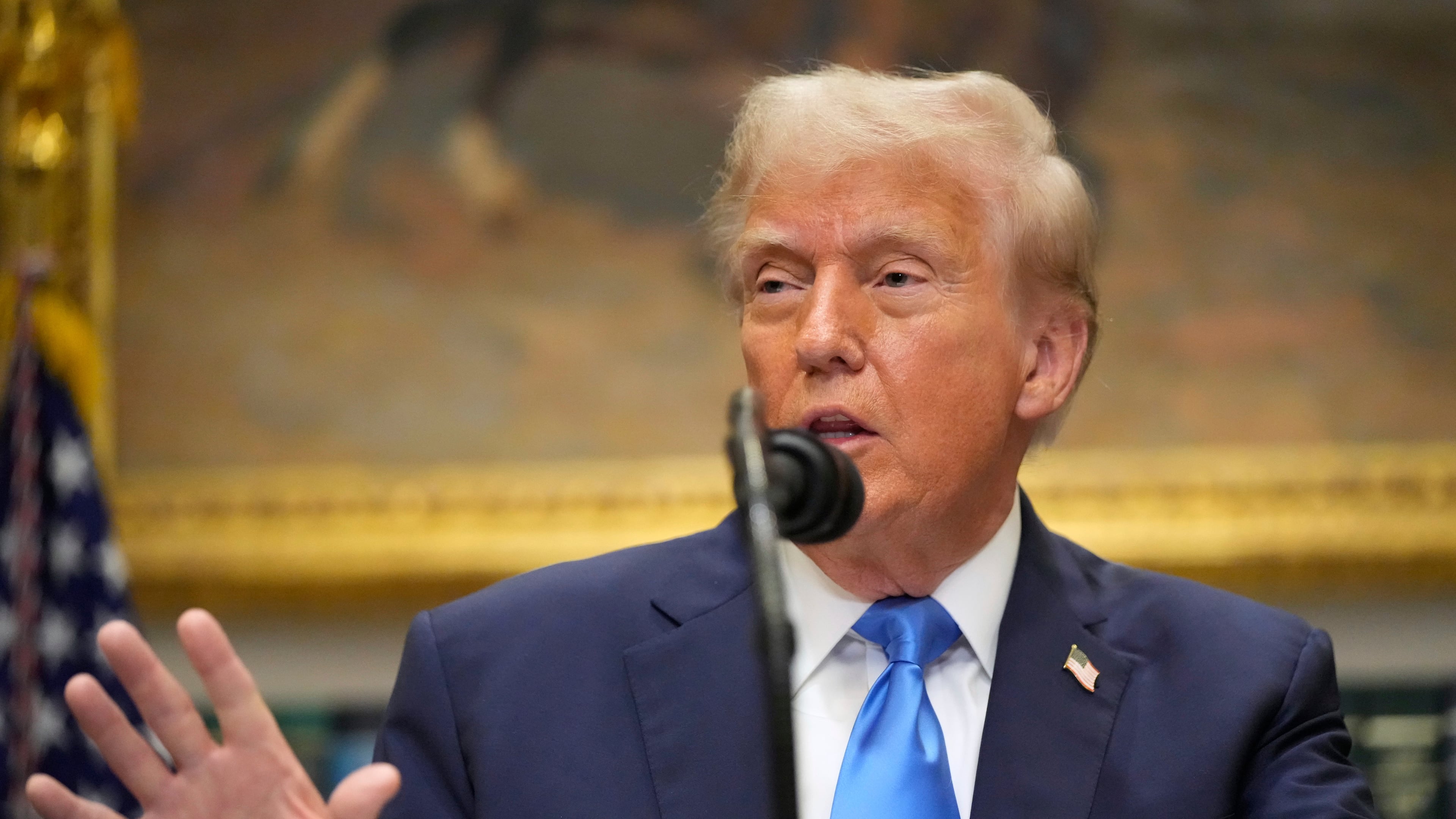 President Donald Trump speaks in the Roosevelt Room of the White House, Monday, Sept. 22, 2025, in Washington. (AP Photo/Mark Schiefelbein)