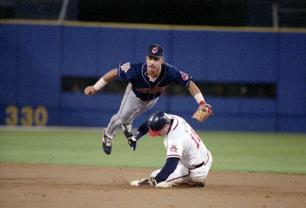 OCTOBER 28, 1995 ATLANTA Ryan Klesko tries and fails to break up a double play in the 2nd inning of World Series Game Six, 1995 FRANK NEIMEIR/AJC STAFF
