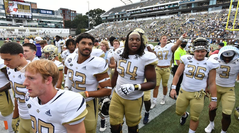 Georgia Tech players celebrate their victory over Kennesaw State during the second half of an NCAA college football game at Georgia Tech's Bobby Dodd Stadium in Atlanta on Saturday, September 4, 2021. Georgia Tech won 45-17 over Kennesaw State. (Hyosub Shin / Hyosub.Shin@ajc.com)