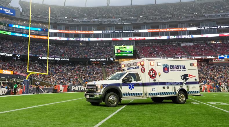 Philadelphia Eagles' Ja'Quinden Jackson is taken away in an ambulance after an injury against the New England Patriots during the first half of an NFL preseason football game, Saturday, Aug. 22, 2026, in Foxborough, Mass. (AP Photo/Robert F. Bukaty)