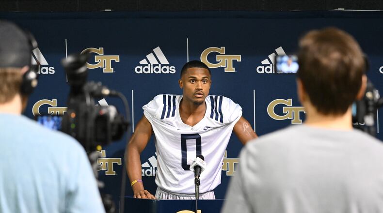Georgia Tech defensive back Myles Sims chats with the media earlier this season. Sims wears No. 0 in tribute to Mahatma Gandhi. (Hyosub Shin / Hyosub.Shin@ajc.com)