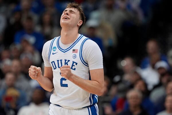 Duke forward Cooper Flagg (2) reacts during the first half of a Sweet 16 round NCAA college basketball tournament game, Thursday, March 27, 2025, in Newark, N.J. (AP Photo/Frank Franklin II)