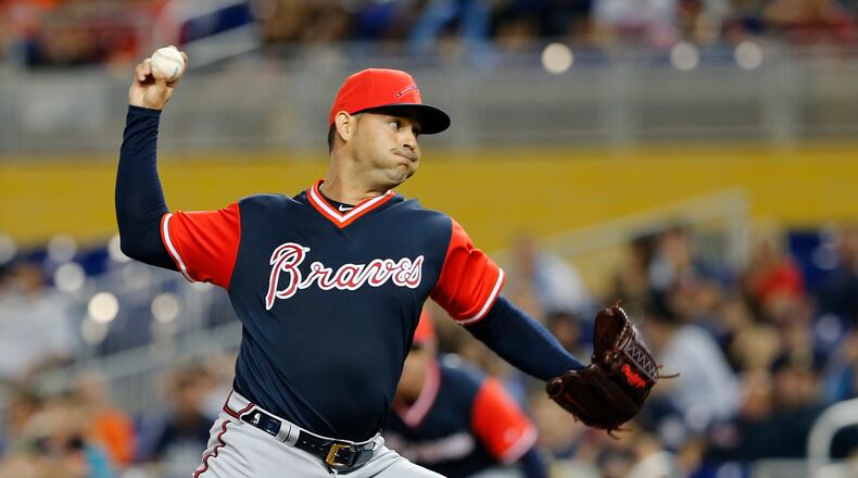 Atlanta Braves starting pitcher Anibal Sanchez throws against the Miami Marlins in the first inning of a baseball game in Miami, Saturday, Aug. 25, 2018. (AP Photo/Joe Skipper)