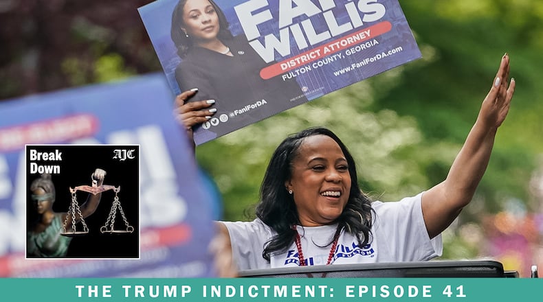 Fulton County District Attorney Fani Willis waves from last month's Inman Park Parade. Willis and Superior Court Judge Scott McAfee are each up for election, the subject of the latest episode of the AJC's "Breakdown" podcast. (Elijah Nouvelage for The Atlanta Journal-Constitution)