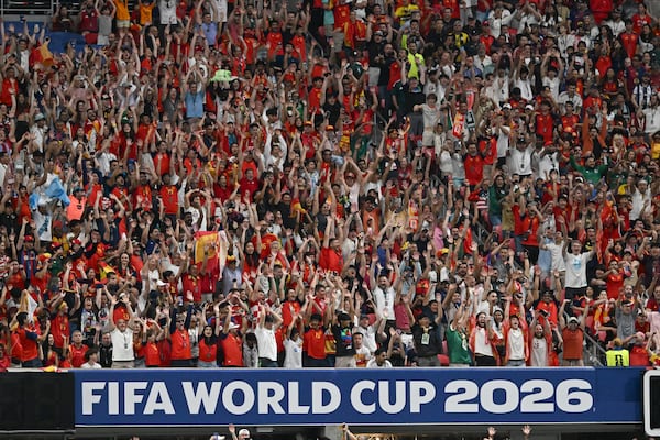 Fans of Spain celebrate Lamine Yamal's goal during the first half against Saudia Arabia in a Group H FIFA World Cup match at Atlanta Stadium on Sunday, June 21, 2026.  (Hyosub Shin/AJC)