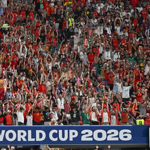 Fans of Spain celebrate Lamine Yamal's goal during first half of Spain vs. Saudia Arabia Group H FIFA World Cup match at Atlanta Stadium (Mercedes-Benz Stadium) on Sunday, June 21, 2026. (Hyosub Shin/AJC)