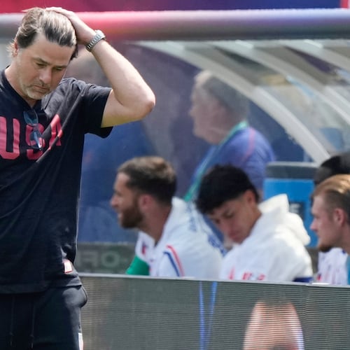 United States head coach Mauricio Pochettino reacts during the first half of an international friendly soccer match against Germany in Chicago, Saturday, June 6, 2026. (AP Photo/Nam Y. Huh)