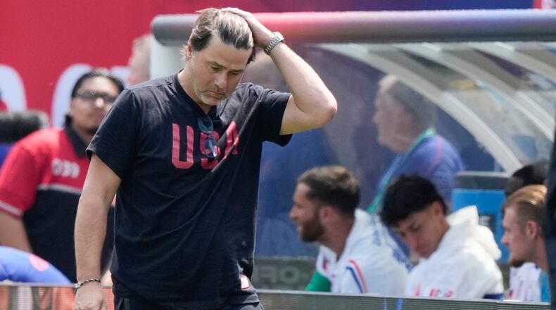 United States head coach Mauricio Pochettino reacts during the first half of an international friendly soccer match against Germany in Chicago, Saturday, June 6, 2026. (AP Photo/Nam Y. Huh)