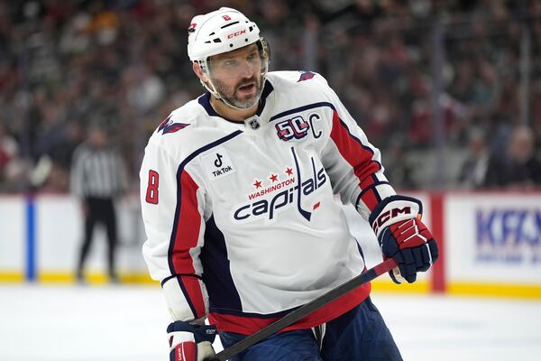 Washington Capitals left wing Alex Ovechkin (8) skates during the first period of an NHL hockey game against the Minnesota Wild, Thursday, March 27, 2025, in St. Paul, Minn. (AP Photo/Abbie Parr)