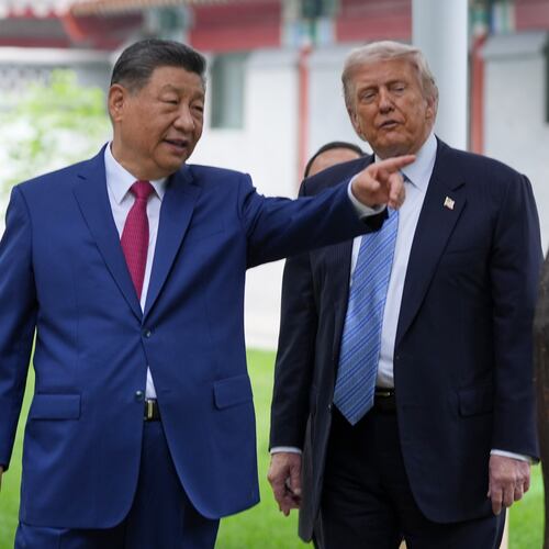 FILE - President Donald Trump talks with China's President Xi Jinping at the Zhongnanhai leadership compound, May 15, 2026, in Beijing. (AP Photo/Mark Schiefelbein, Pool, File)