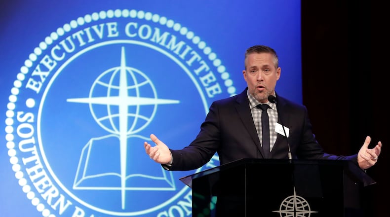 Southern Baptist Convention President J.D. Greear speaks to the denomination's executive committee in Nashville, Tenn. Just days after a newspaper investigation revealed hundreds of sexual abuse cases by Southern Baptist ministers and lay leaders over the past two decades, Greear spoke about plans to address the problem. (AP Photo/Mark Humphrey)