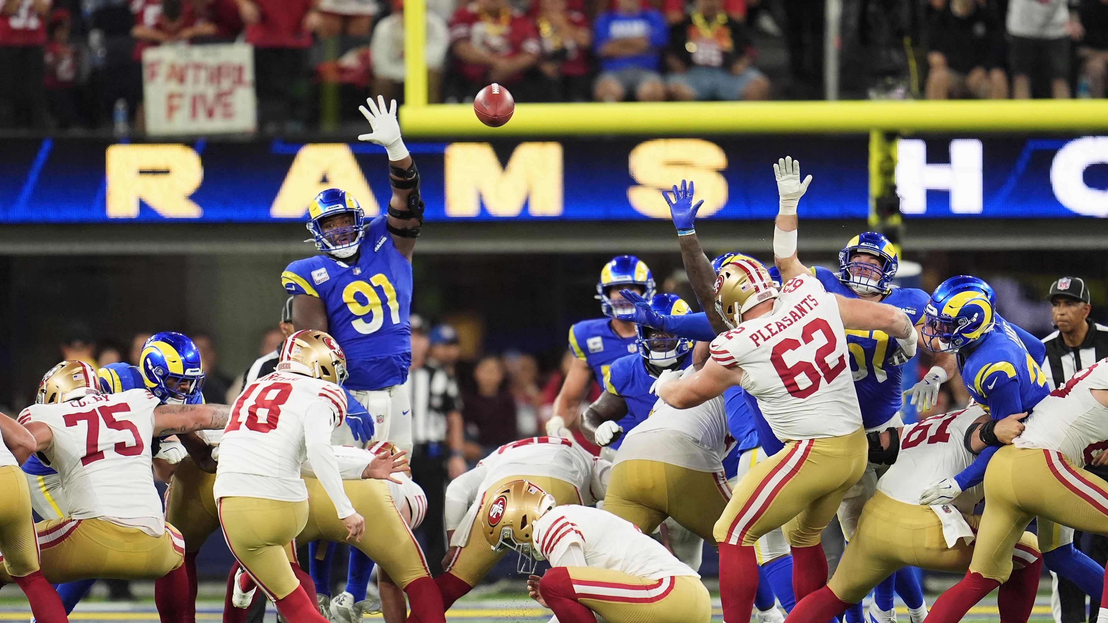 San Francisco 49ers kicker Eddy Piñeiro (18) kicks a field goal during overtime of an NFL football game against the Los Angeles Rams, Thursday, Oct. 2, 2025, in Inglewood, Calif. (AP Photo/Marcio Jose Sanchez)