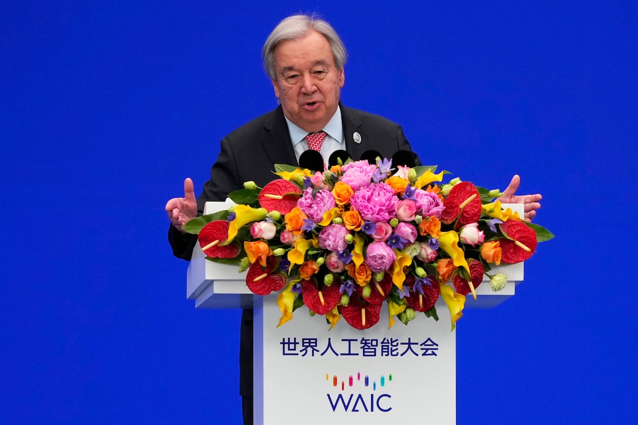 U.N. Secretary-General António Guterres speaks during the opening ceremony of the High-Level Meeting on Global Governance for the World AI Conference in Shanghai in July. (Ng Han Guan/AP)