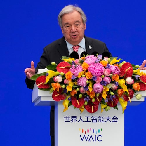 U.N. Secretary-General António Guterres speaks during the opening ceremony of the High-Level Meeting on Global Governance for the World AI Conference in Shanghai in July. (Ng Han Guan/AP)