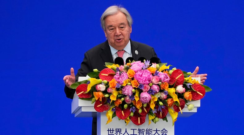 U.N. Secretary-General António Guterres speaks during the opening ceremony of the High-Level Meeting on Global Governance for the World AI Conference in Shanghai in July. (Ng Han Guan/AP)