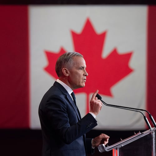 Canada's Prime Minister Mark Carney speaks at the Liberal national convention in Montreal, Saturday, April 11, 2026. (Christinne Muschi/The Canadian Press via AP)