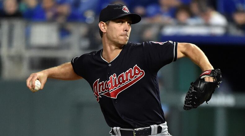 Starting pitcher Josh Tomlin of the Cleveland Indians throws in the first inning against Kansas City Royals at Kauffman Stadium on September 27, 2018 in Kansas City, Missouri. (Photo by Ed Zurga/Getty Images)