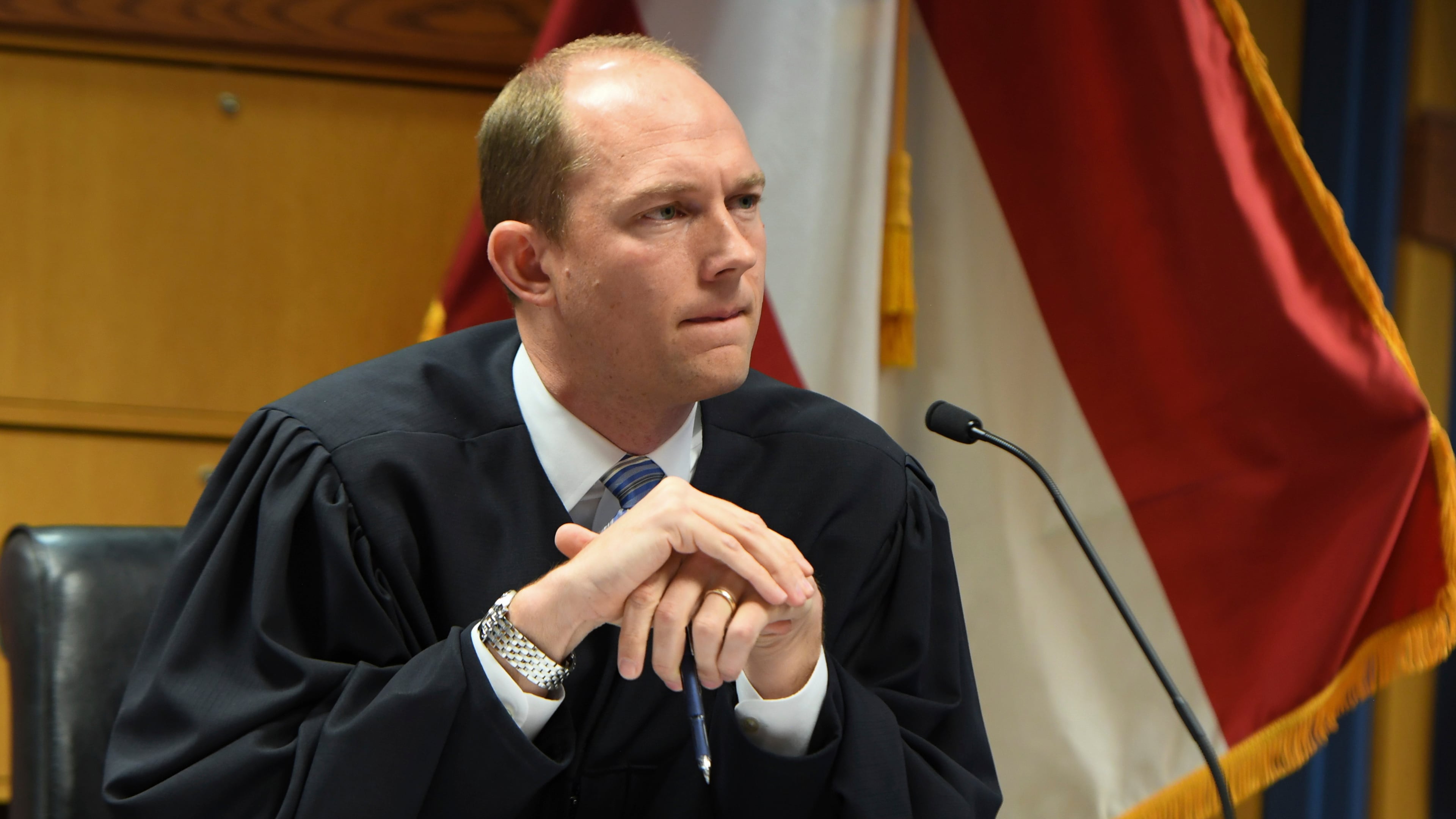 FILE - Judge Scott McAfee addresses the lawyers during a hearing on charges against former President Donald Trump in the Georgia election interference case, Thursday, March 28, 2024 in Atlanta. (Dennis Byron/Hip Hop Enquirer via AP, Pool, File)