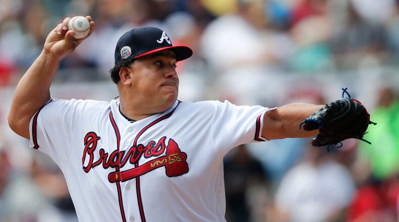 Atlanta Braves starting pitcher Bartolo Colon works in the first inning of a baseball game against the San Diego Padres Sunday, April 16, 2017, in Atlanta. (AP Photo/John Bazemore)