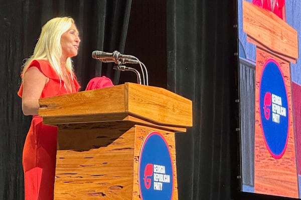 U.S. Rep. Marjorie Taylor Greene, R-Rome, spoke to delegates at the Georgia Republican Convention in Dalton on Saturday.