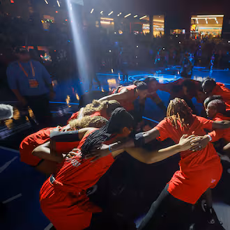 Atlanta Dream players gather moments before the WNBA basketball first-round playoff game against the Indiana Fever at Gateway Center Arena on Thursday, Sept. 18, 2024, in Atlanta. (Miguel Martinez/AJC)