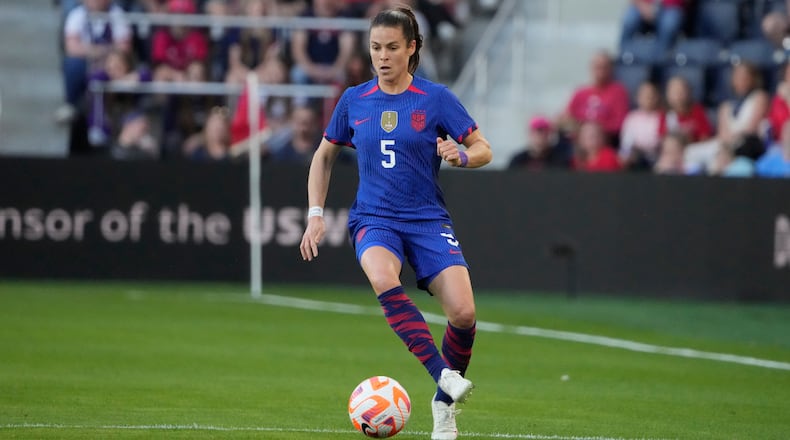 United States' Kelley O'Hara in action during the first half of an international friendly soccer match against Ireland Tuesday, April 11, 2023, in St. Louis. (AP Photo/Jeff Roberson)